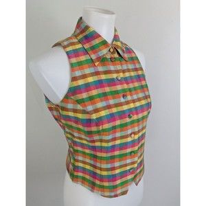 Vintage 90s y2K Limited Silk Top Sleeveless Rainbow Check Blouse Unique Vest S